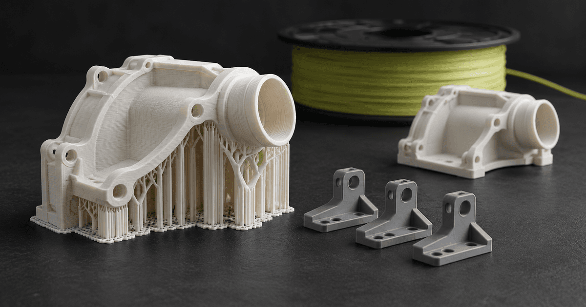 A supported printed housing, a smaller finished housing and three grey brackets beside a filament spool