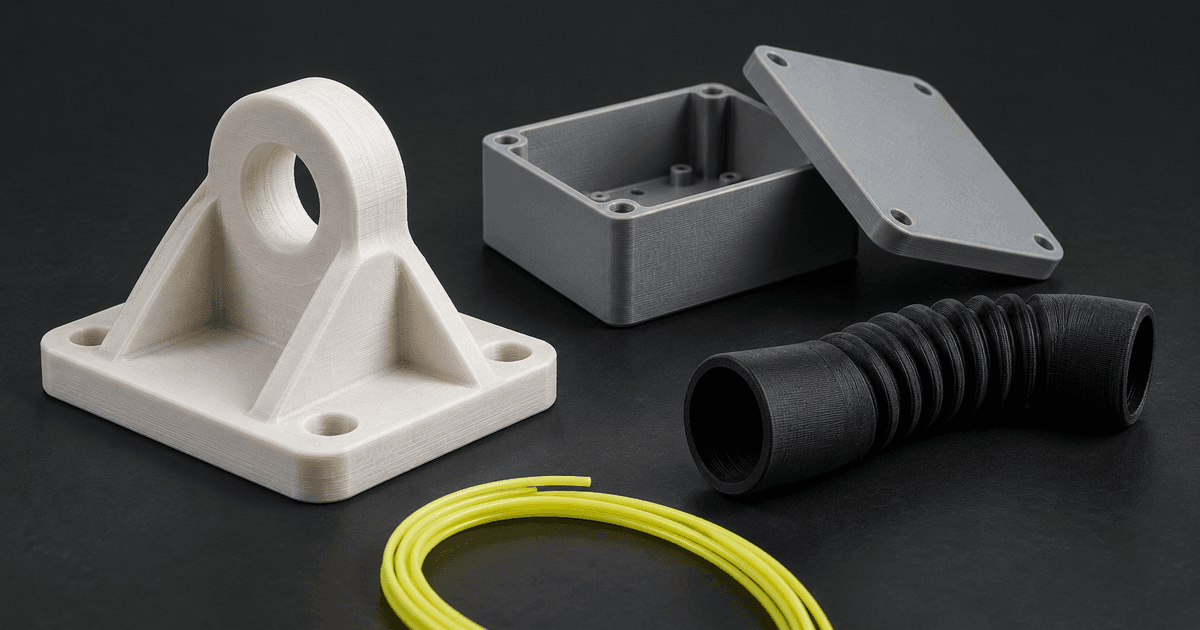 An off-white bracket, grey enclosure and black ribbed sleeve beside a loop of lime filament