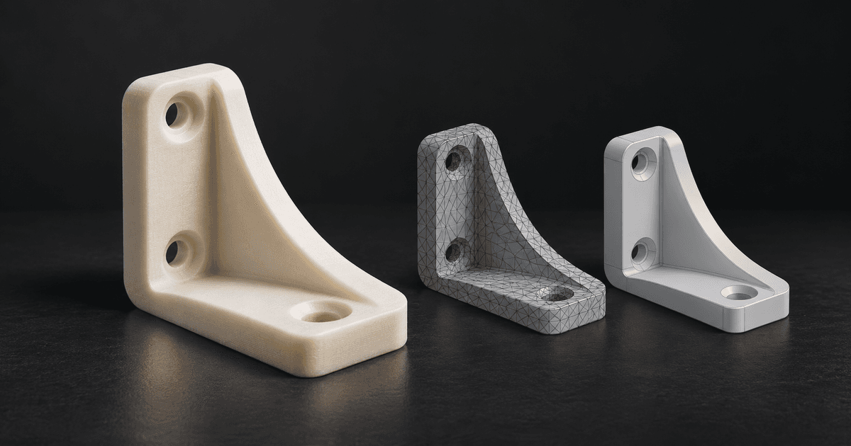 An off-white printed mounting bracket beside mesh and smooth digital versions of its shape